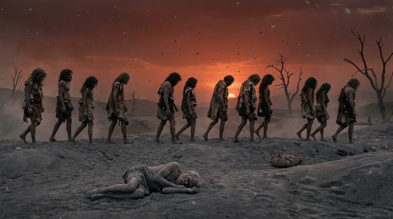 Un gruppo di ominidi nel paesaggio cinereo