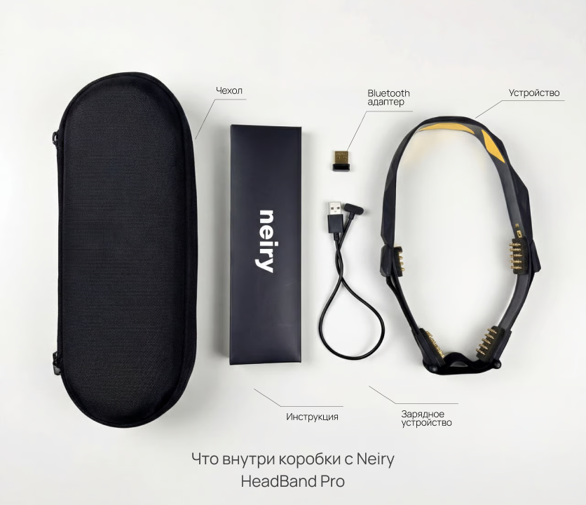 Комплектация Neiry Headband: обруч, кабель зарядки, Bluetooth-адаптер, инструкция, чехол