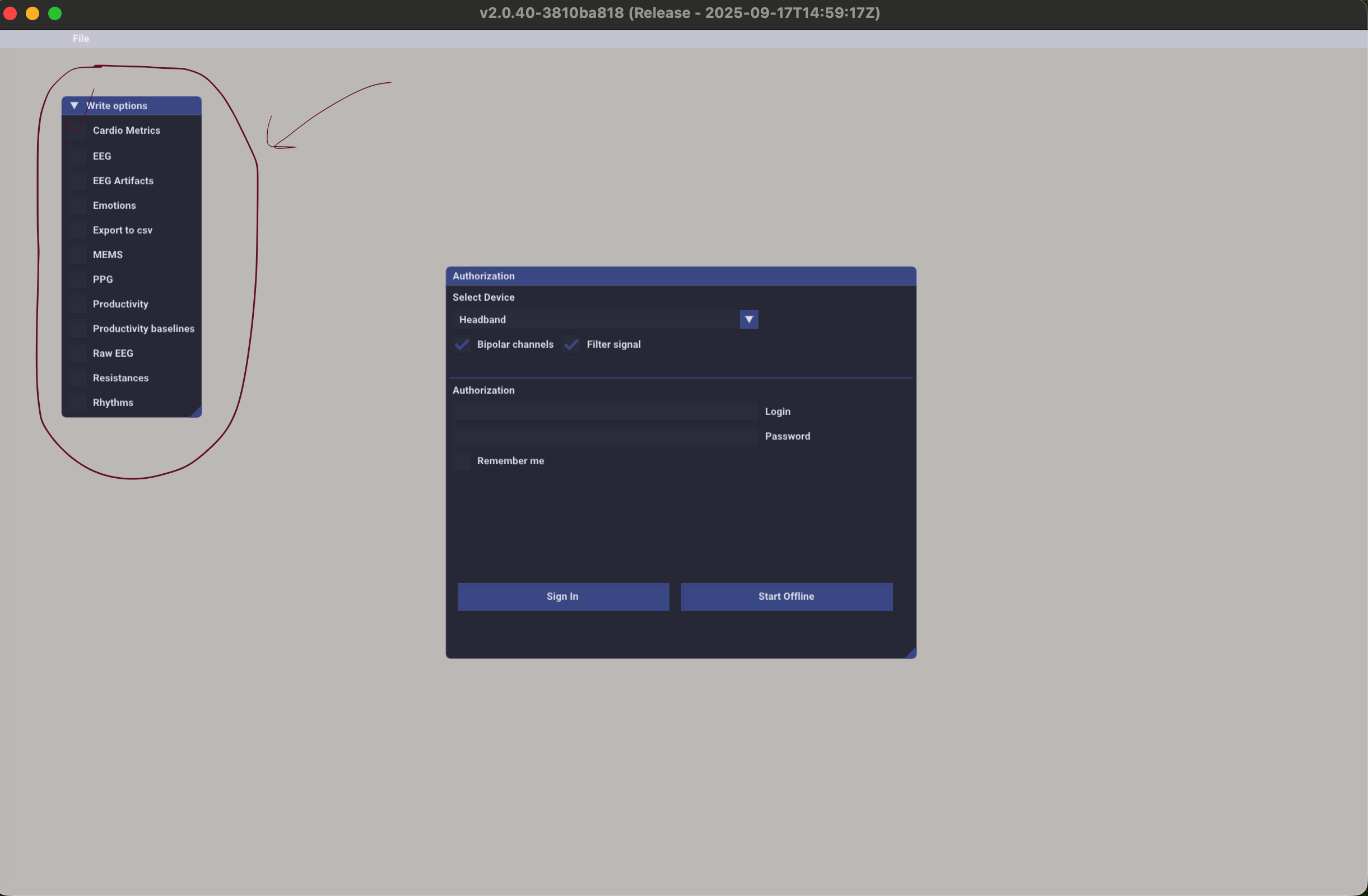 Панель Write Options