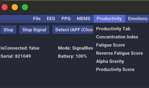 Меню вкладки Productivity