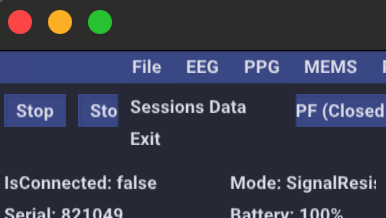 Меню экспорта — File → Sessions Data
